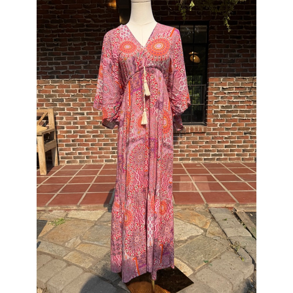 Anna Kay Pink Orange Paisley Mandala Maxi Dress Boho Tassel V-Neck Kimono Sleeve